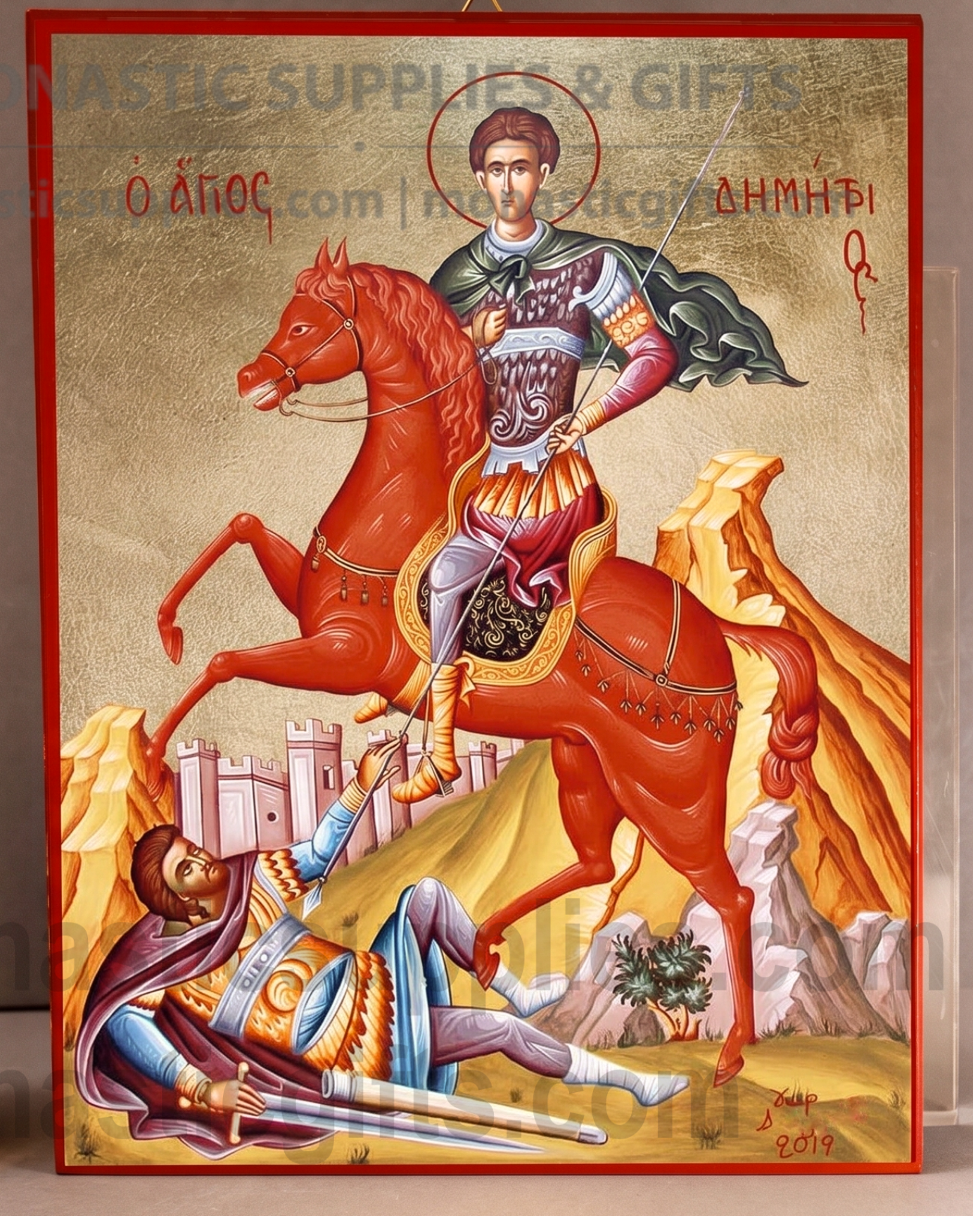 Handcrafted Orthodox gold leaf canvas icon of Saint Demetrios on horseback on solid wooden panel