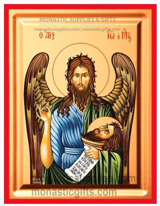 Byzantine Orthodox icon of St. John the Baptist on gold leaf canvas with a red border.
