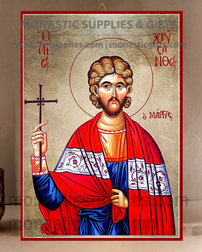 Handcrafted Orthodox gold leaf canvas icon of Saint Chrysanthos the Martyr patron of marriage and purity on solid wooden panel