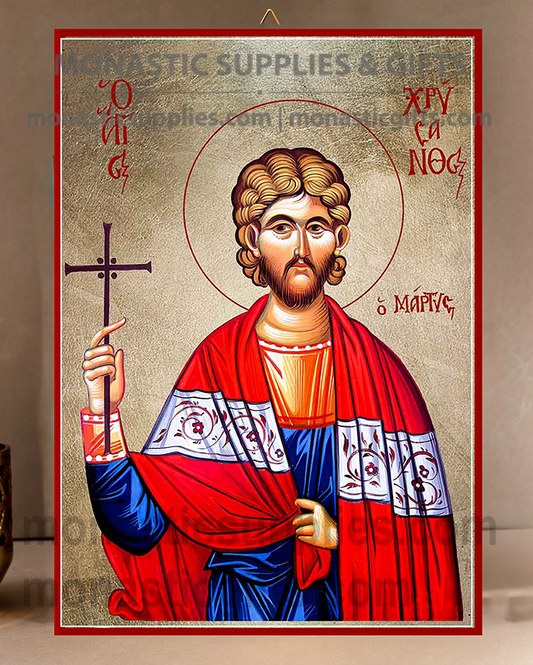 Handcrafted Orthodox gold leaf canvas icon of Saint Chrysanthos the Martyr patron of marriage and purity on solid wooden panel