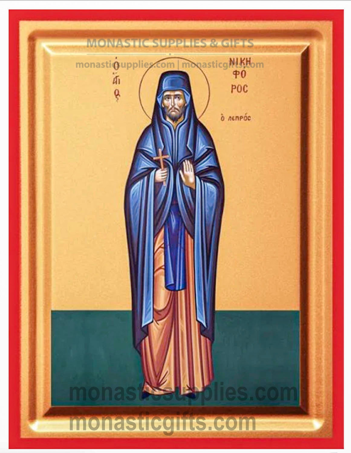 Byzantine Orthodox icon of St. Nikephoros the Leper on gold leaf canvas with a red border.