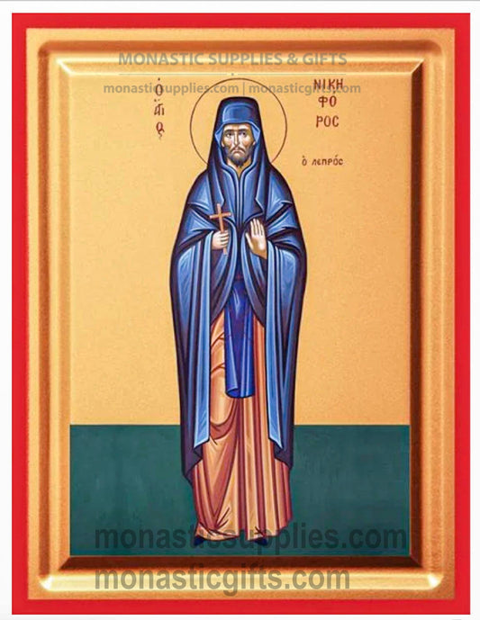 Byzantine Orthodox icon of St. Nikephoros the Leper on gold leaf canvas with a red border.