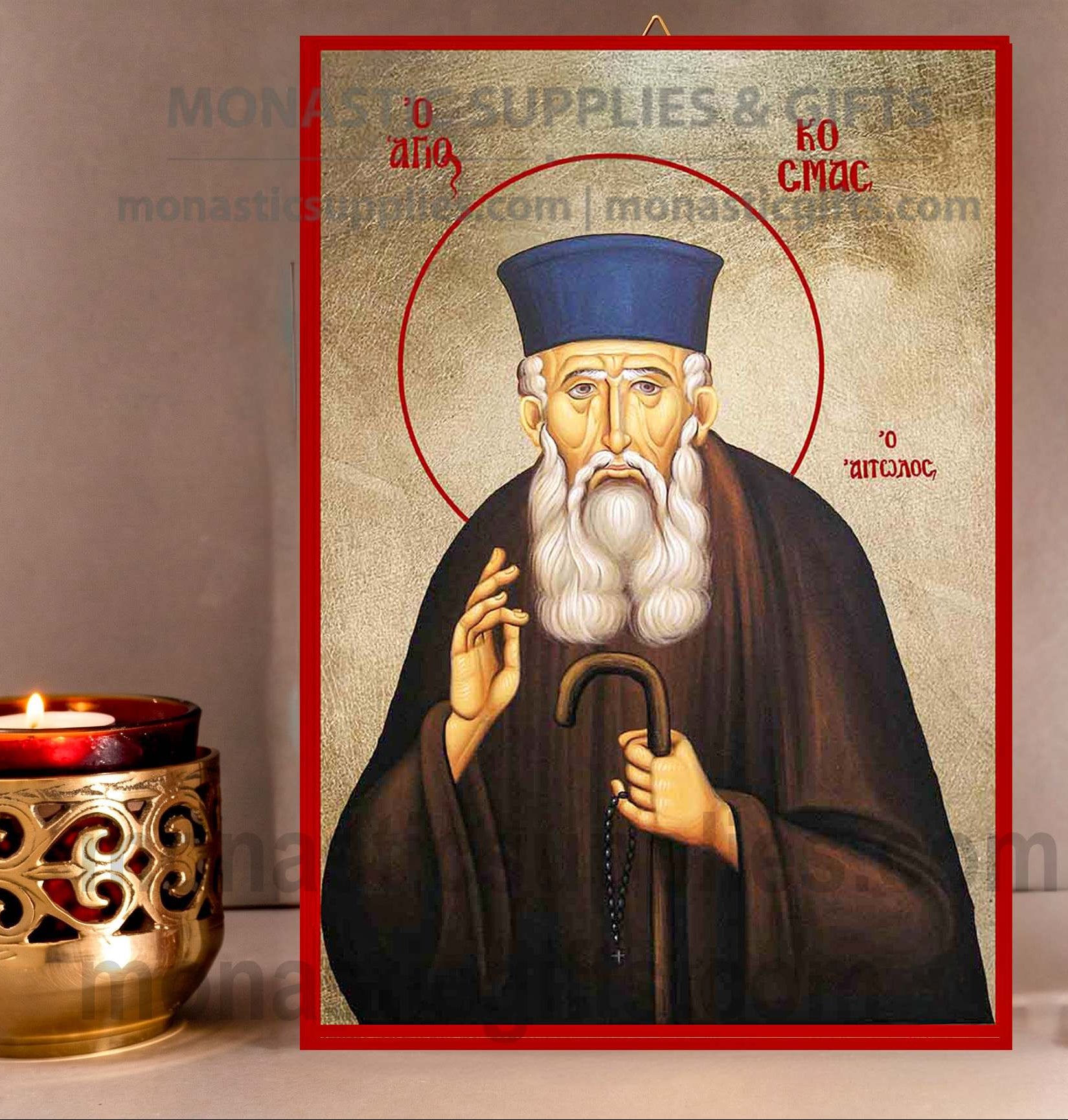 Handcrafted Orthodox gold leaf canvas icon of Saint Hieronymos of Aegina on solid wooden panel