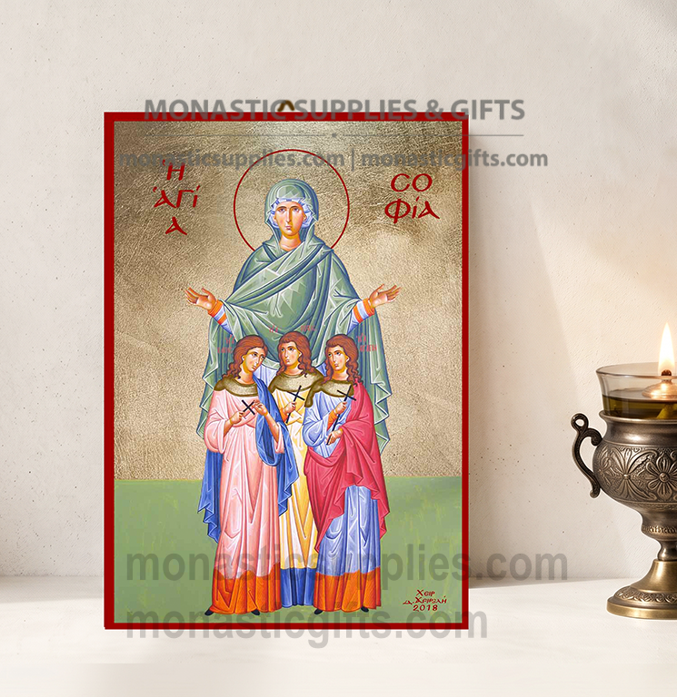Handcrafted Orthodox gold leaf canvas icon of Saint Sophia and her daughters Faith Hope and Love on solid wooden panel
