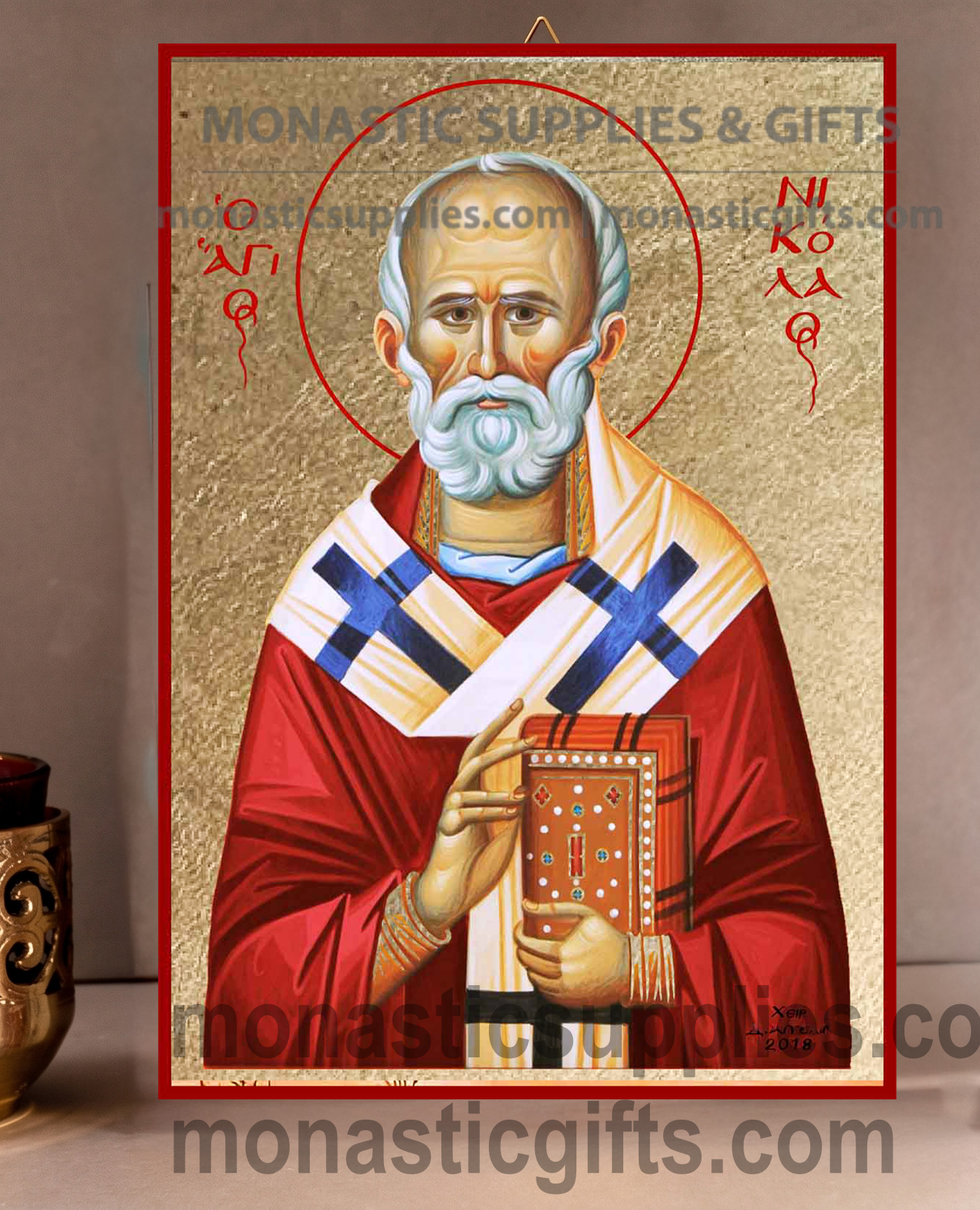 Handcrafted Orthodox gold leaf canvas icon of Saint Nicholas the Wonderworker patron of sailors and travelers on solid wooden panel