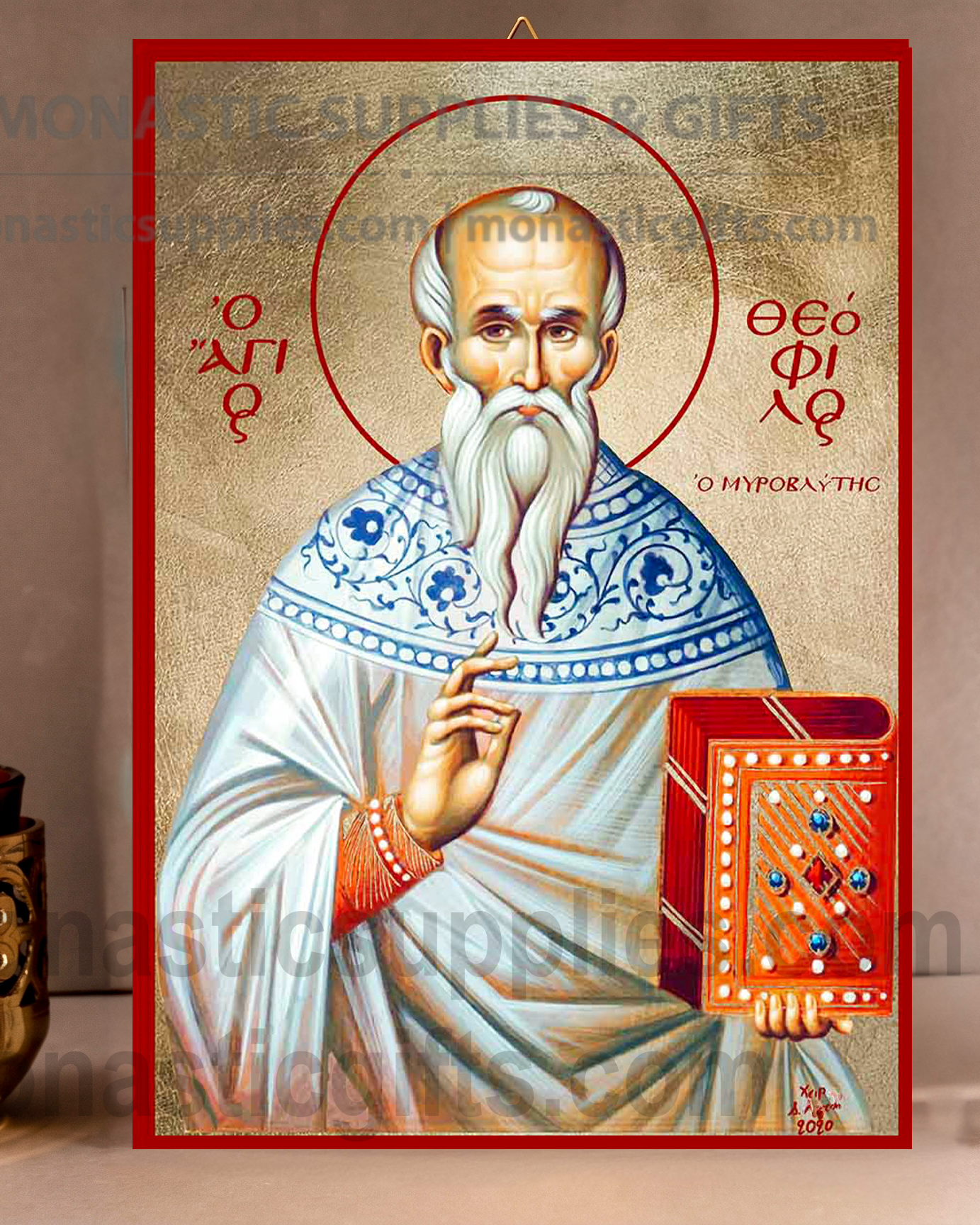 Handcrafted Orthodox gold leaf canvas icon of Saint Theophilus on solid wooden panel