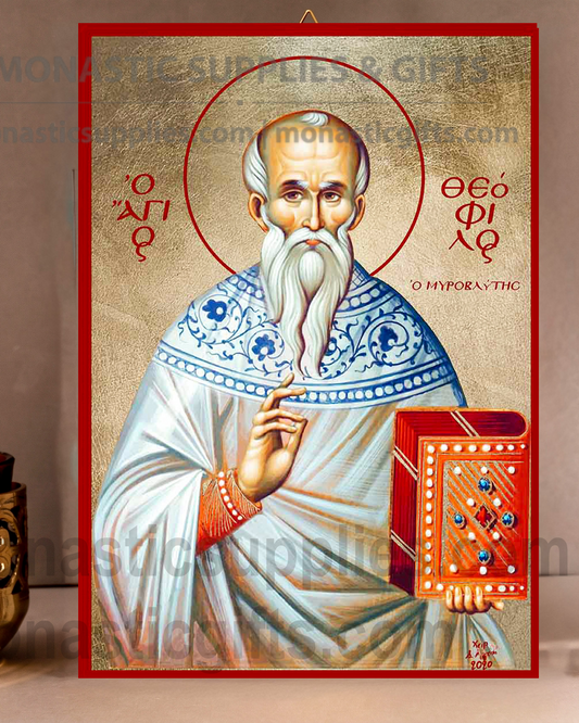 Handcrafted Orthodox gold leaf canvas icon of Saint Theophilus on solid wooden panel