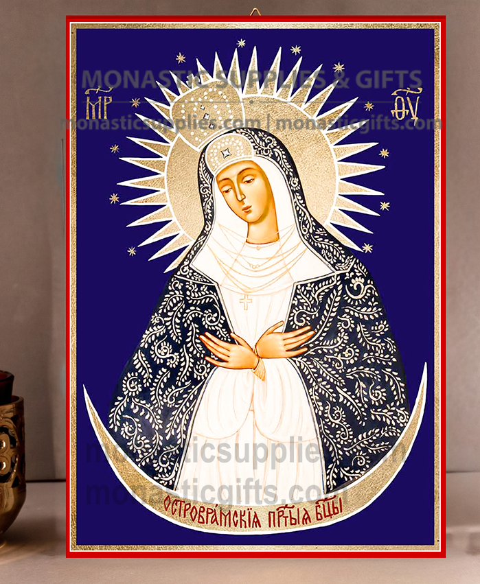 Handcrafted Orthodox gold leaf canvas icon of the Virgin Mary of the Gate of Dawn Ostra Brama on solid wooden panel