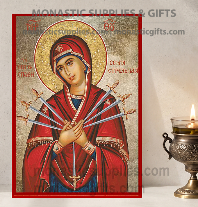 Handcrafted Orthodox gold leaf canvas icon of Virgin Mary Seven Swords Softener of Evil Hearts on solid wooden panel