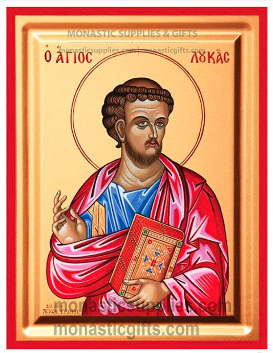 Byzantine Orthodox icon of St. Luke the Evangelist on gold leaf canvas with a red border.