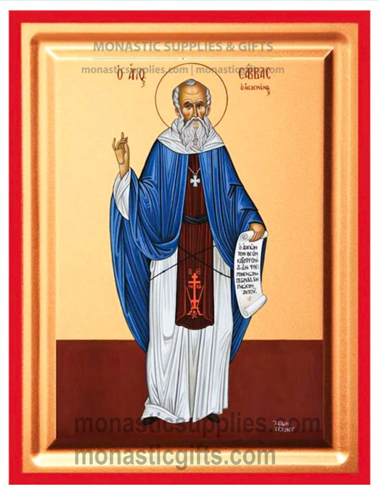 Byzantine Orthodox icon of St. Sabbas the Sanctified on gold leaf canvas with a red border.