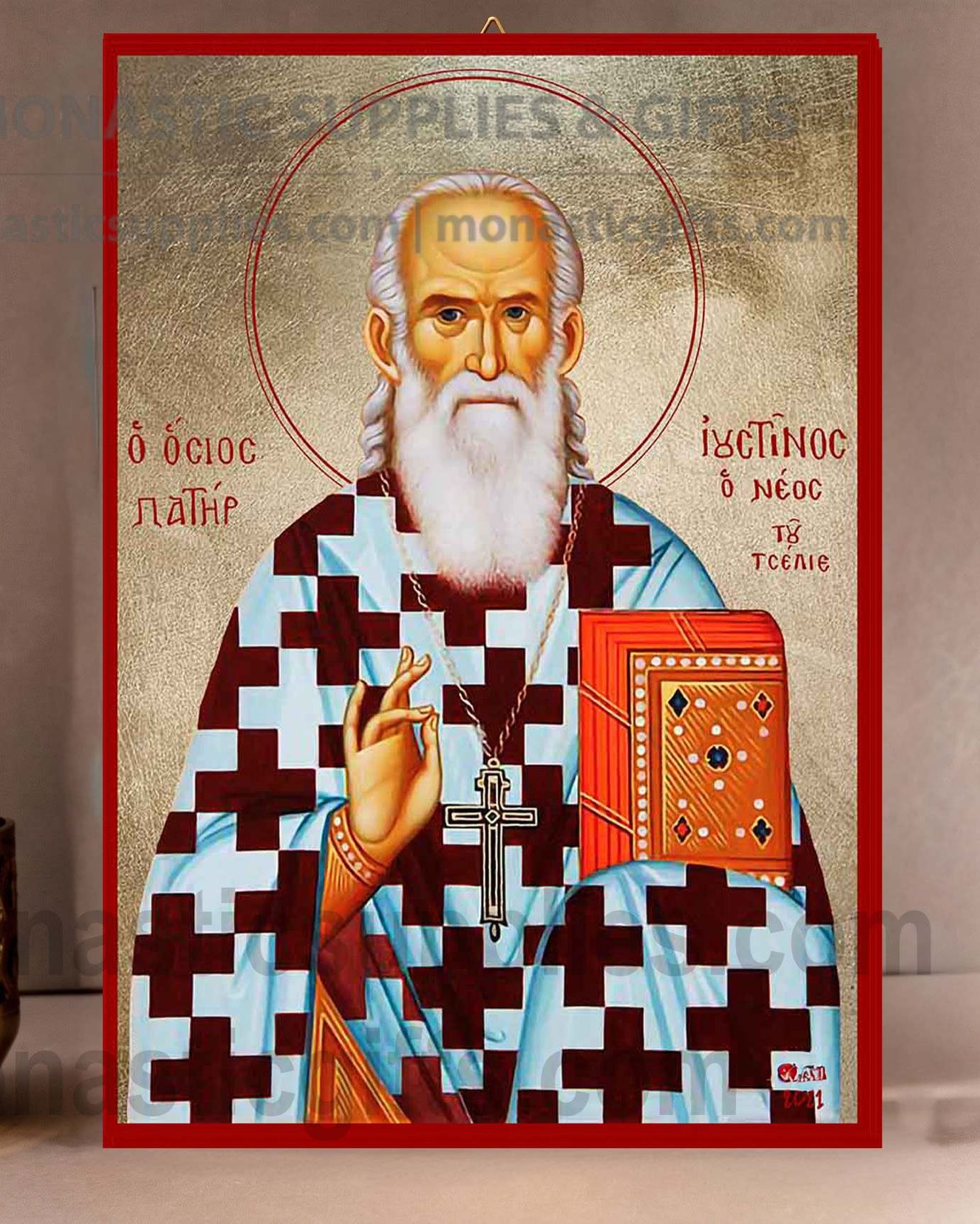 Handcrafted Orthodox gold leaf canvas icon of Saint Justin the Philosopher on solid wooden panel