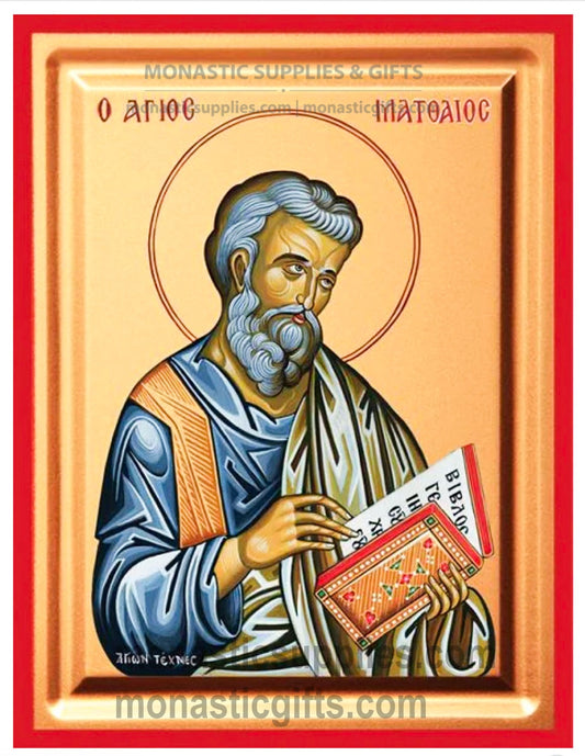 Byzantine Orthodox icon of St. Matthew the Evangelist on gold leaf canvas with a red border.