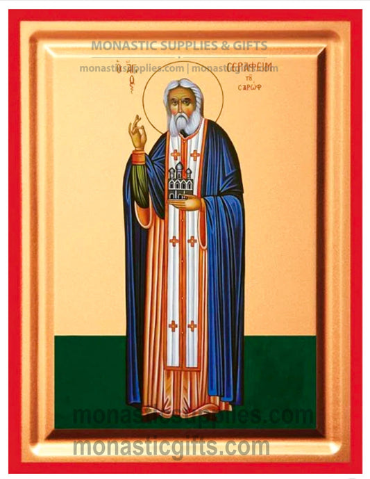 Byzantine Orthodox icon of St. Seraphim of Sarov on gold leaf canvas with a red border.