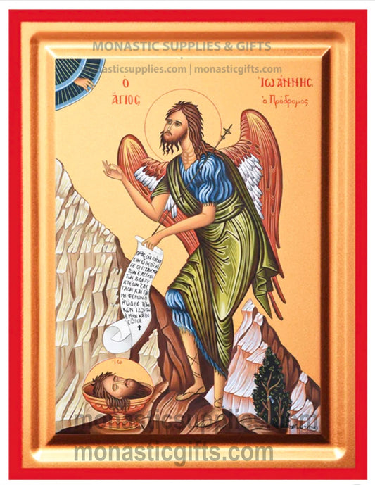 Byzantine Orthodox icon of St. John the Baptist with wings on gold leaf canvas.