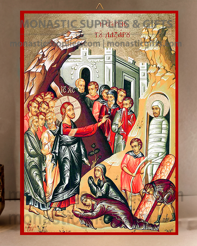 Handcrafted Orthodox gold leaf canvas icon of The Raising of Lazarus with Christ Martha and Mary on solid wooden panel