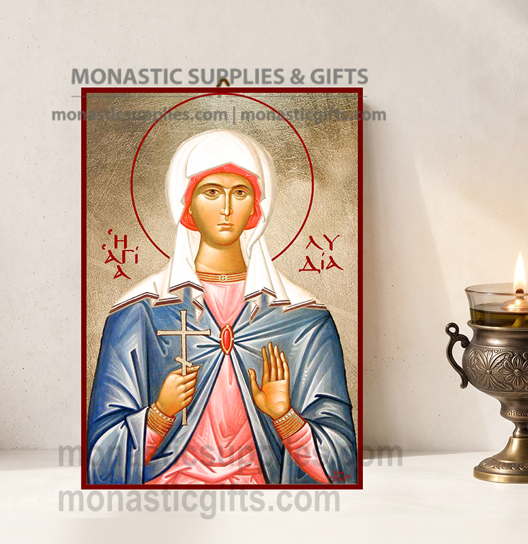 Handcrafted Orthodox gold leaf canvas icon of Saint Lydia of Philippi Equal to the Apostles on solid wooden panel