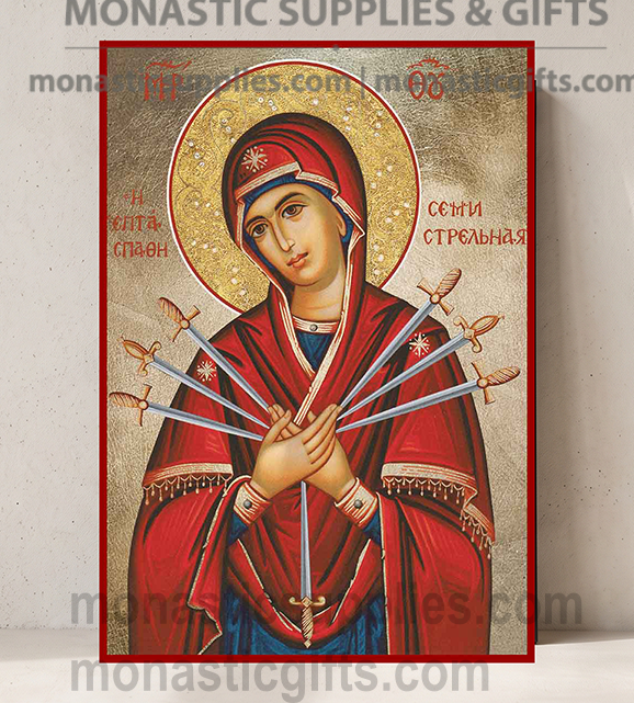 Handcrafted Orthodox gold leaf canvas icon of Virgin Mary Seven Swords Softener of Evil Hearts on solid wooden panel