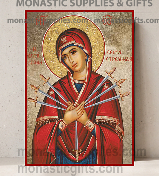 Handcrafted Orthodox gold leaf canvas icon of Virgin Mary Seven Swords Softener of Evil Hearts on solid wooden panel