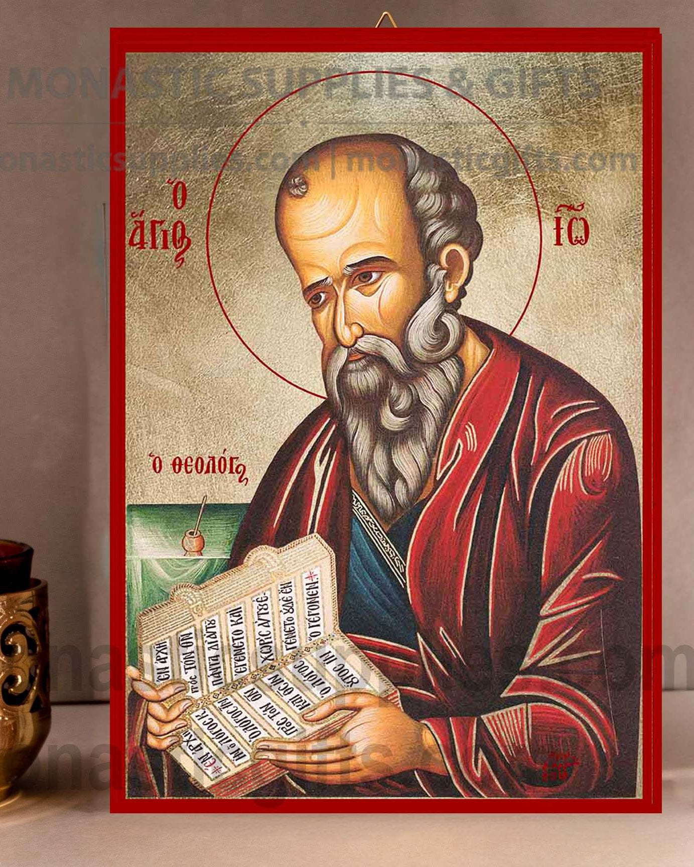 Handcrafted Orthodox gold leaf canvas icon of Saint John the Theologian on solid wooden panel