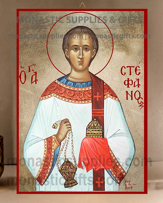Handcrafted Orthodox gold leaf canvas icon of Saint Stephen the Protomartyr and Archdeacon on solid wooden panel