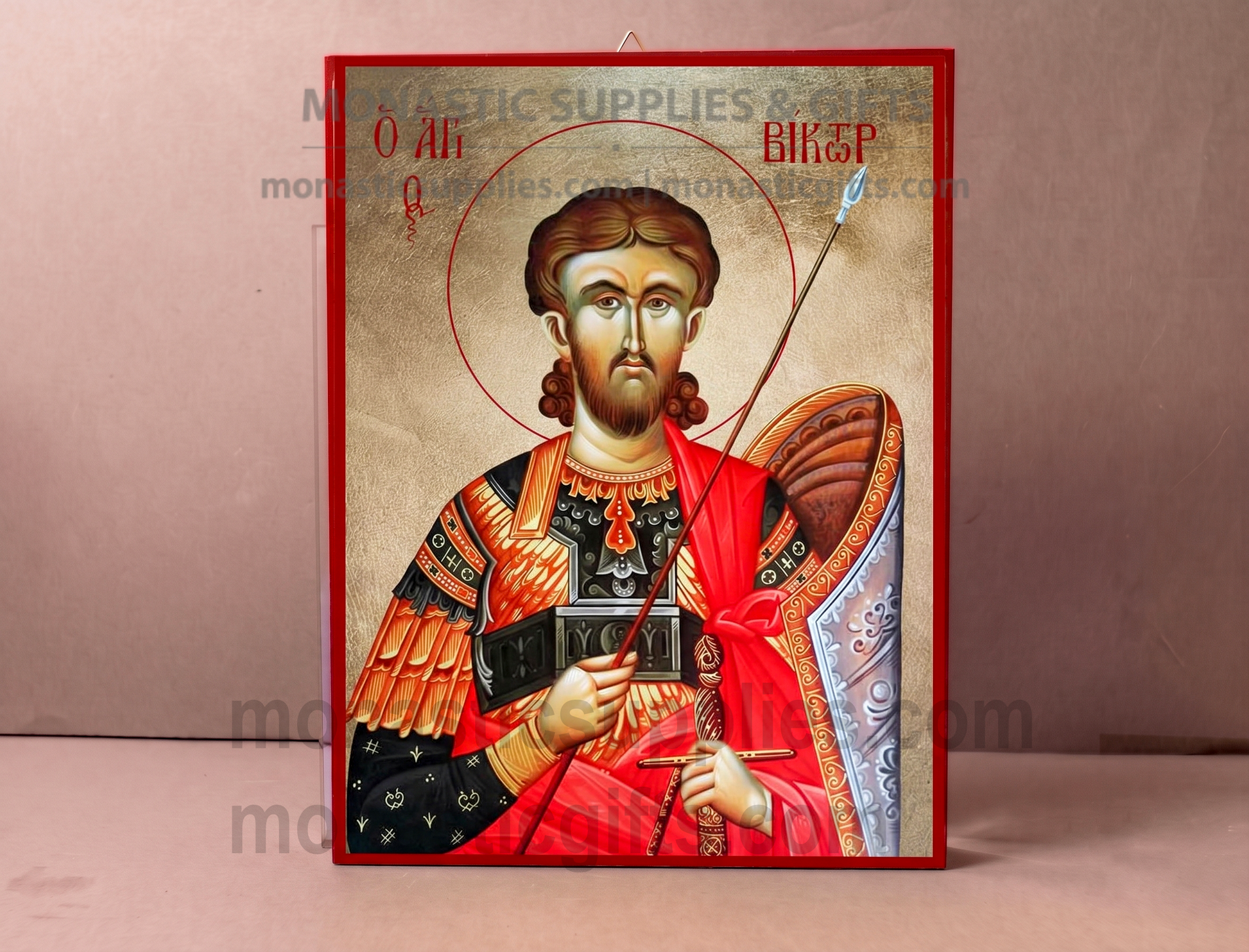 Handcrafted Orthodox gold leaf canvas icon of Saint Victor the Great Martyr on solid wooden panel