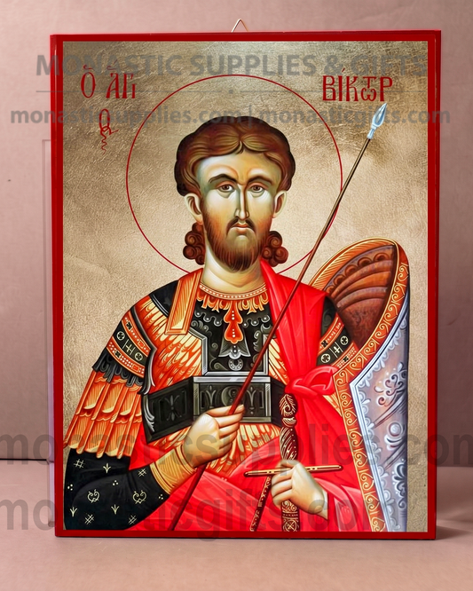 Handcrafted Orthodox gold leaf canvas icon of Saint Victor the Great Martyr on solid wooden panel
