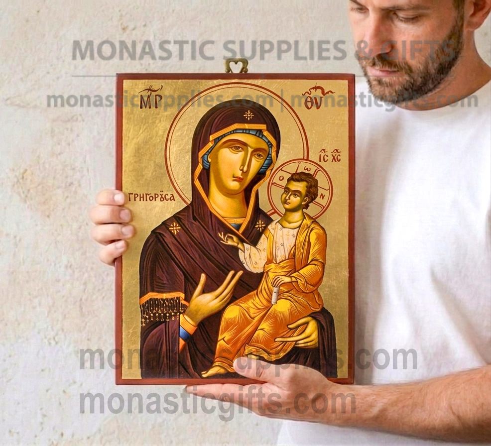 Handmade Virgin Mary Who Responds Quickly Byzantine icon on genuine gold leaf and wood measuring 30x40cm (12x16in) with hand-painted details.