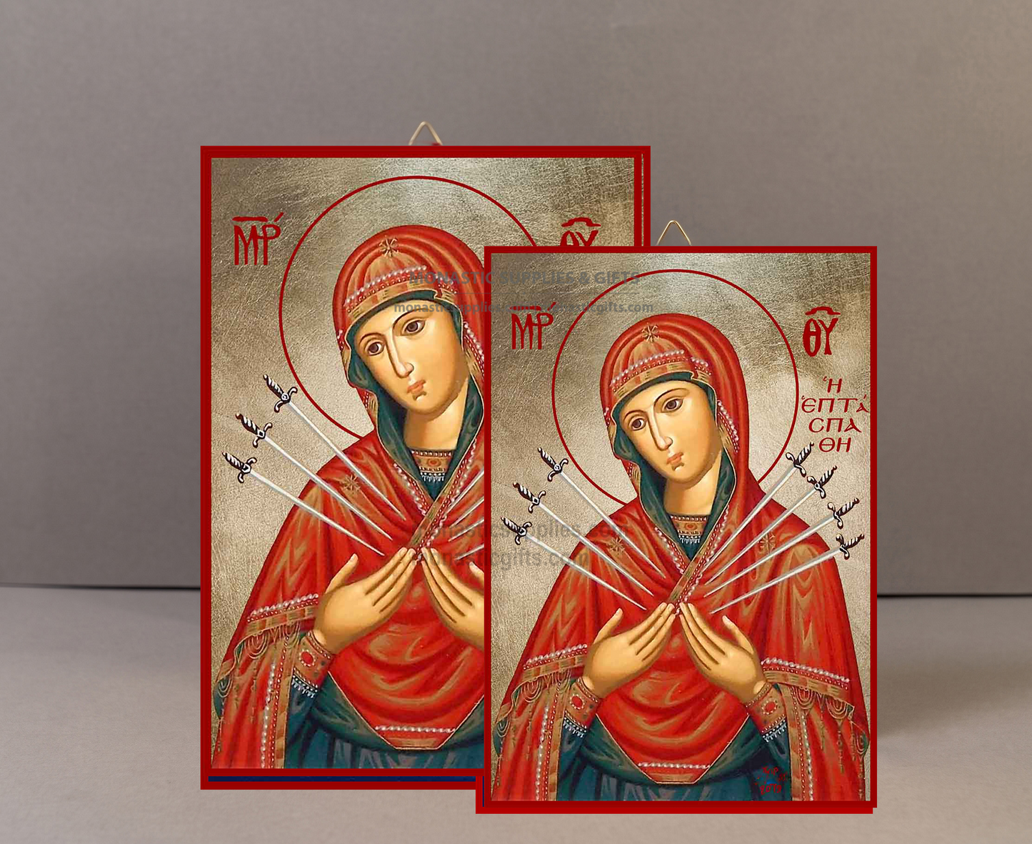 Handcrafted Orthodox gold leaf canvas icon of Virgin Mary Seven Swords Softener of Evil Hearts on solid wooden panel