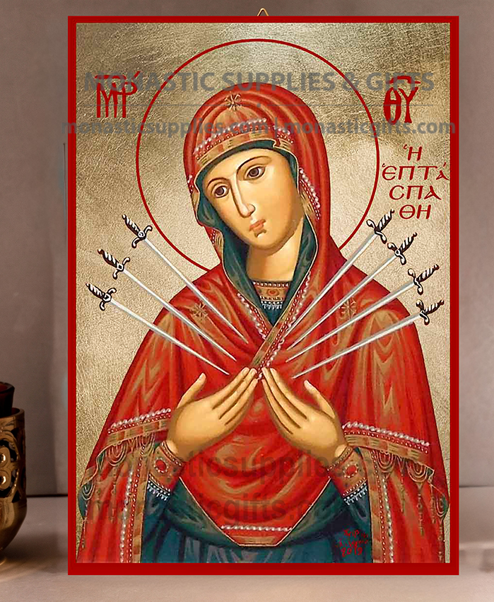 Handcrafted Orthodox gold leaf canvas icon of Virgin Mary Seven Swords Softener of Evil Hearts on solid wooden panel