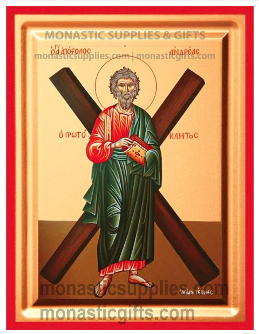 Byzantine Orthodox icon of St. Andrew the Apostle with an X-shaped cross on gold leaf canvas.