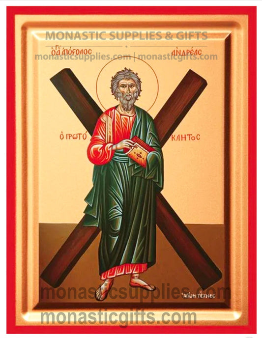 Byzantine Orthodox icon of St. Andrew the Apostle with an X-shaped cross on gold leaf canvas.