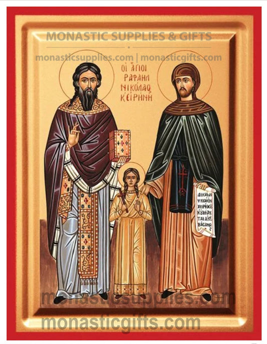 Byzantine Orthodox icon of Saints Raphael, Nicholas, and Irene on gold leaf canvas with a red border.