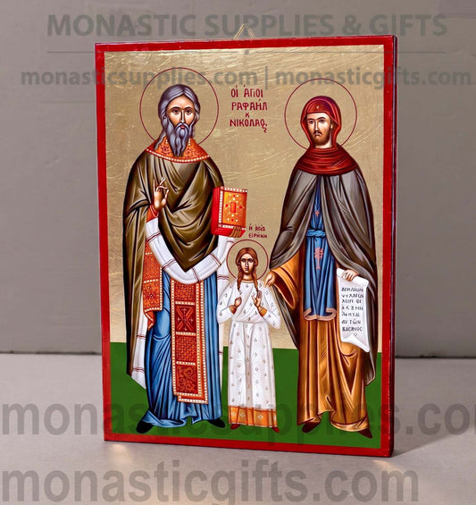 Handcrafted Orthodox gold leaf canvas icon of Saints Raphael Nicholas and Irene patrons of miracles and swift healing on solid wooden panel