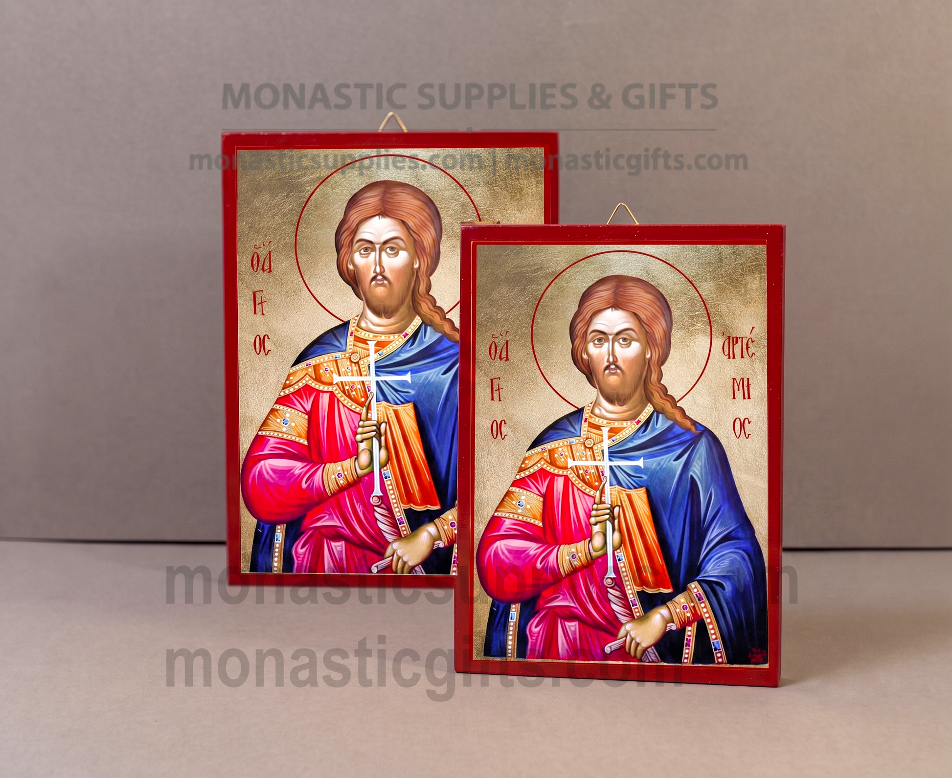 Handcrafted Orthodox gold leaf canvas icon of Saint Artemios on solid wooden panel