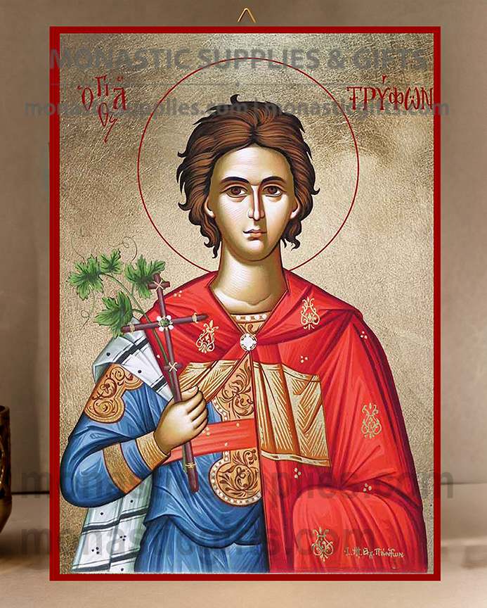 Handcrafted Orthodox gold leaf canvas icon of Saint Tryphon the Martyr patron of gardeners and winegrowers on solid wooden panel