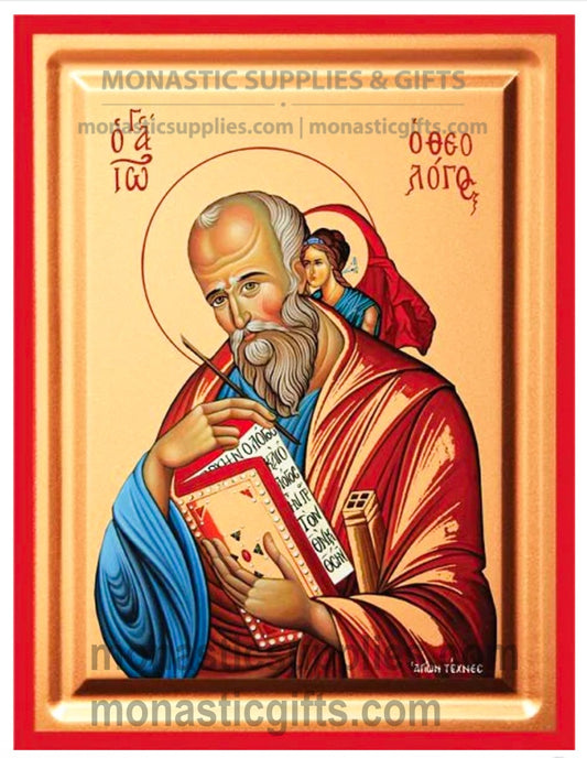 Byzantine Orthodox icon of St. John the Theologian on gold leaf canvas with a red border.