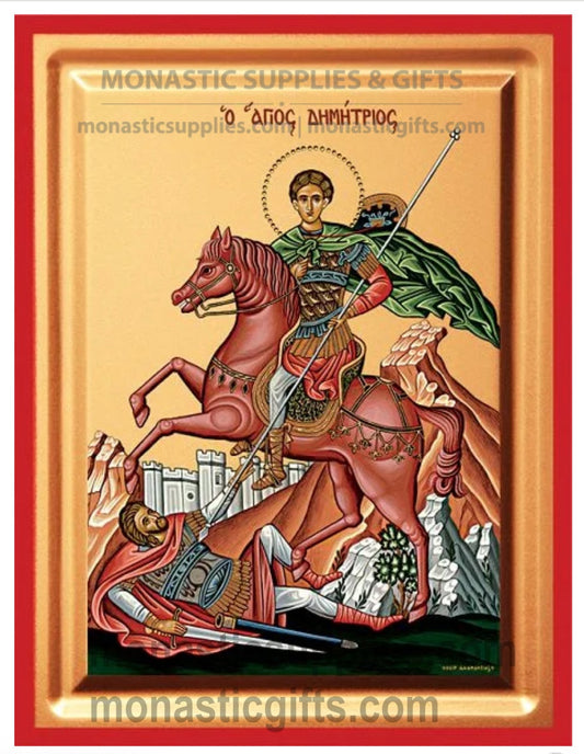 Byzantine Orthodox icon of St. Demetrius on horseback defeating Lyaeus on gold leaf canvas