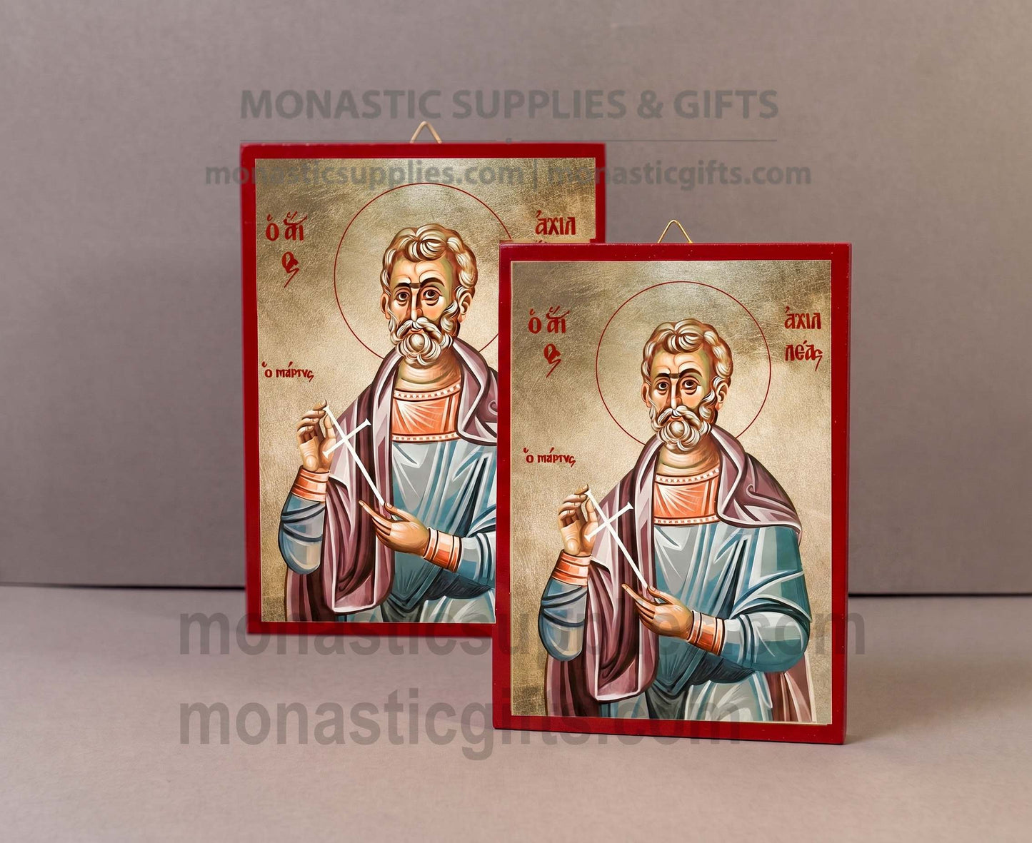 Handcrafted Orthodox gold leaf canvas icon of Saint Achillios of Larissa on solid wooden panel