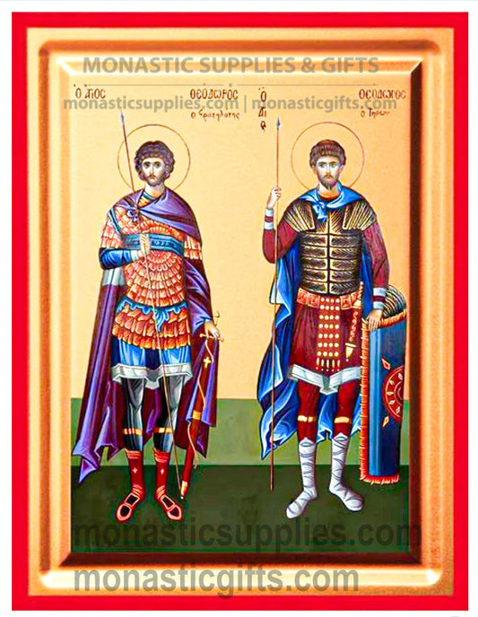 Byzantine Orthodox icon of Saints Theodore Stratelates and Tyro on gold leaf canvas.