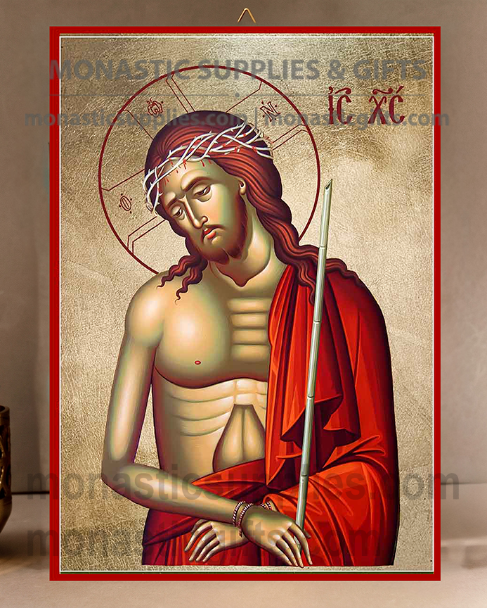 Handcrafted Orthodox gold leaf canvas icon of Christ the Bridegroom O Nymphios with crown of thorns on solid wooden panel