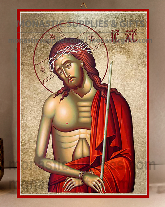 Handcrafted Orthodox gold leaf canvas icon of Christ the Bridegroom O Nymphios with crown of thorns on solid wooden panel
