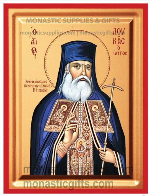 Byzantine Orthodox icon of St. Luke the Surgeon on gold leaf canvas with a red border.
