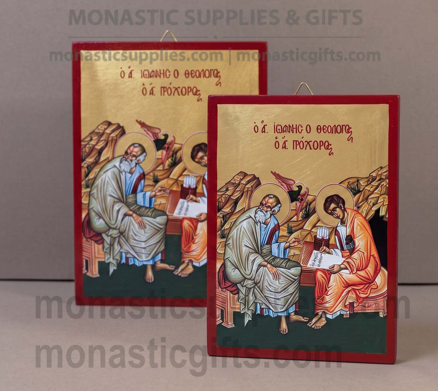 Handcrafted Orthodox gold leaf canvas icon of Saint John the Theologian and Saint Prochorus patron of writers on solid wooden panel