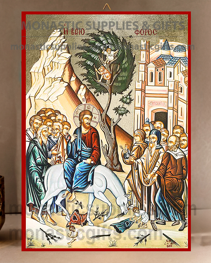 Handcrafted Orthodox gold leaf canvas icon of The Entry into Jerusalem Palm Sunday Vaioforos on solid wooden panel