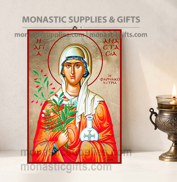 Handcrafted Orthodox gold leaf canvas icon of Saint Anastasia the Great Martyr on solid wooden panel