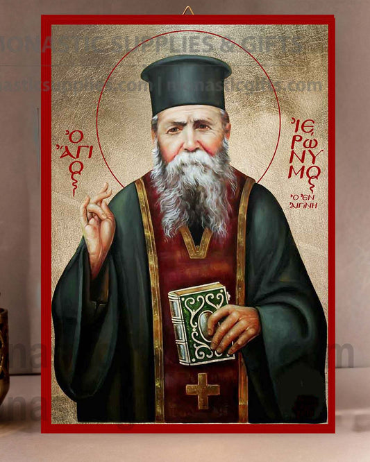 Handcrafted Orthodox gold leaf canvas icon of Saint Jerome on solid wooden panel
