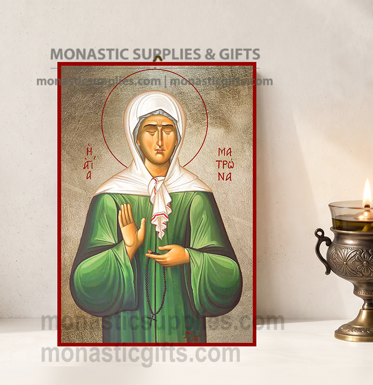 Handcrafted Orthodox gold leaf canvas icon of Saint Matrona of Moscow the Wonderworker on solid wooden panel
