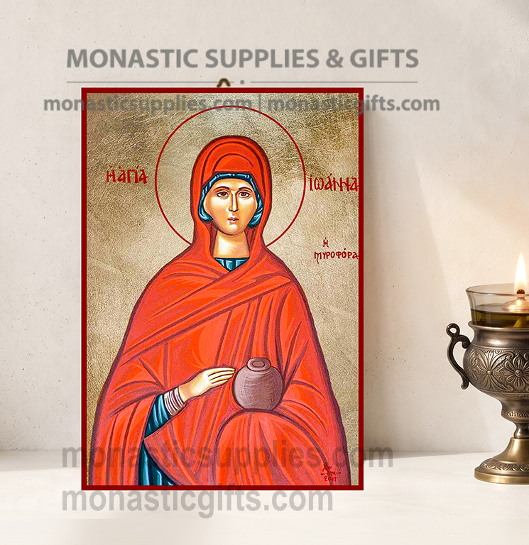 Handcrafted Orthodox gold leaf canvas icon of Saint Joanna the Myrrhbearer on solid wooden panel