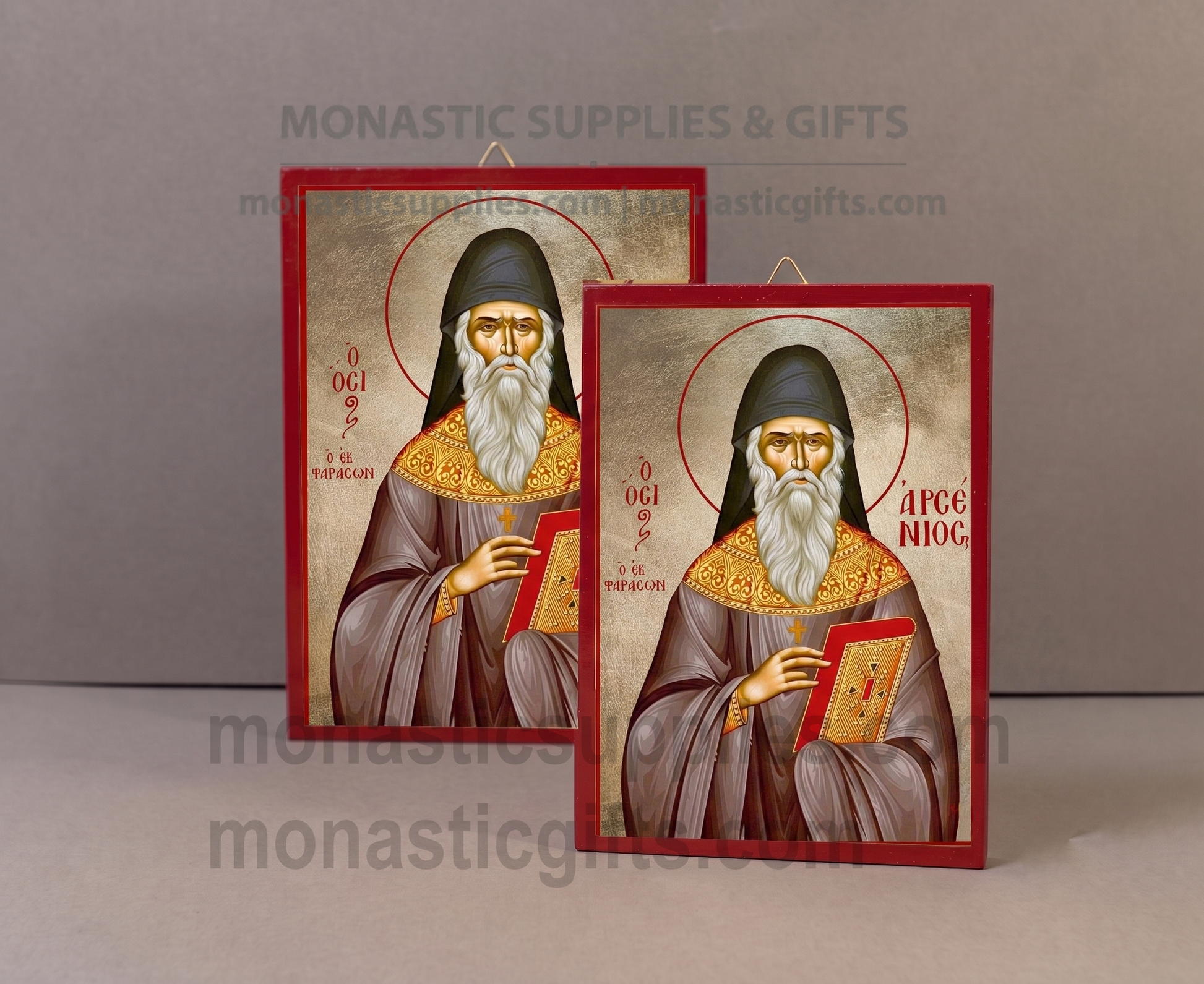 Handcrafted Orthodox gold leaf canvas icon of Saint Arsenios of Cappadocia on solid wooden panel